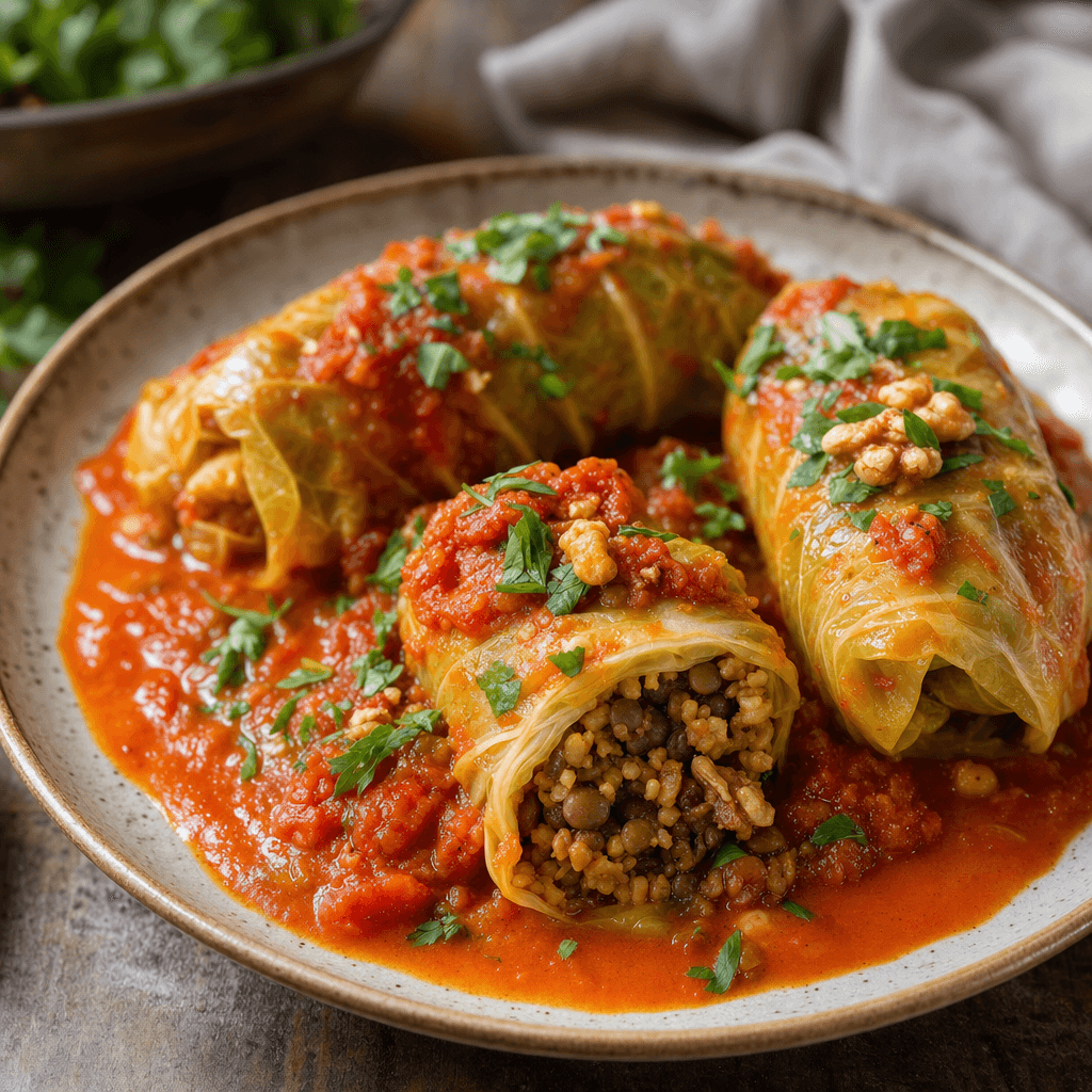 Walnut Lentil Stuffed Cabbage Rolls