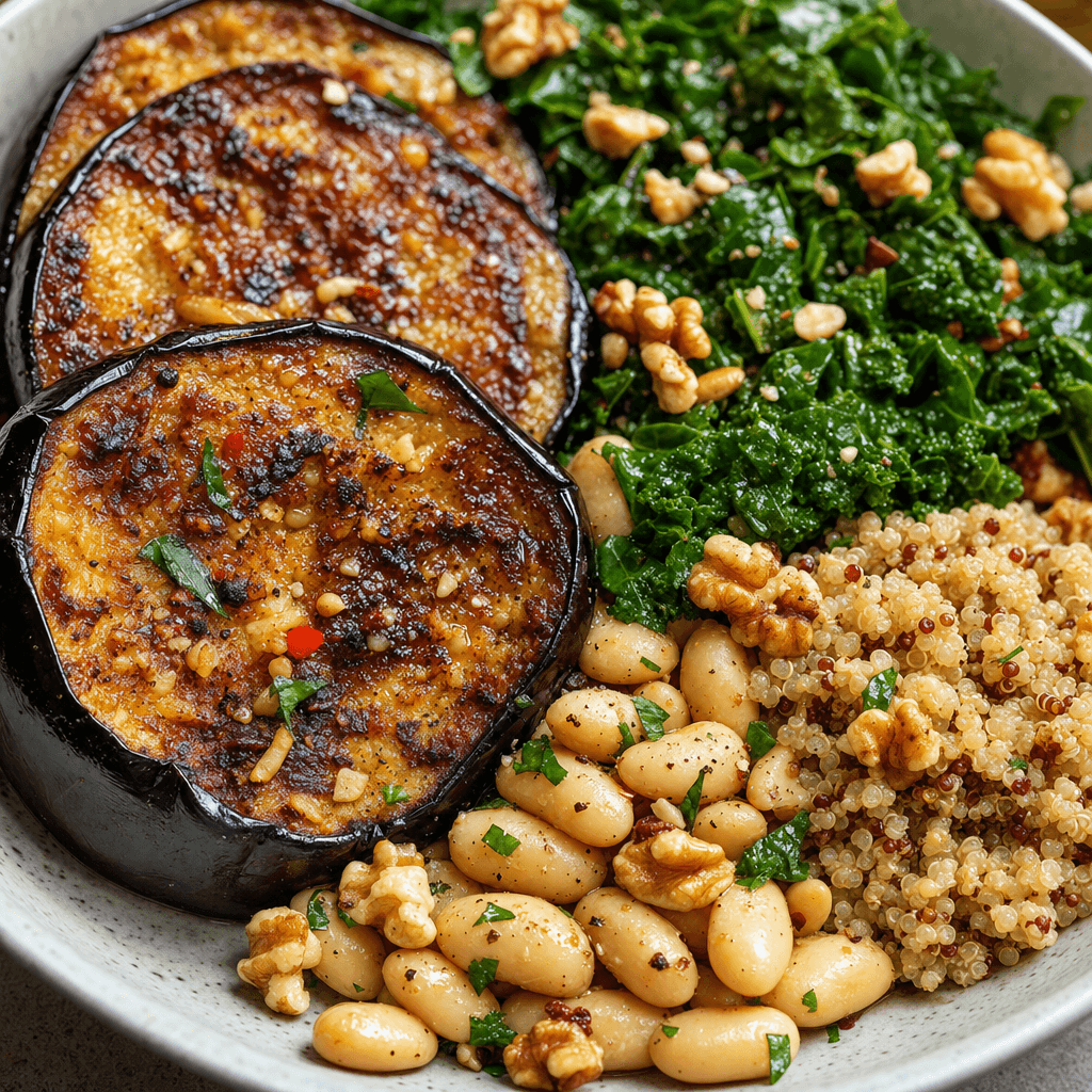 Broiled Eggplant, White Bean & Quinoa Plates