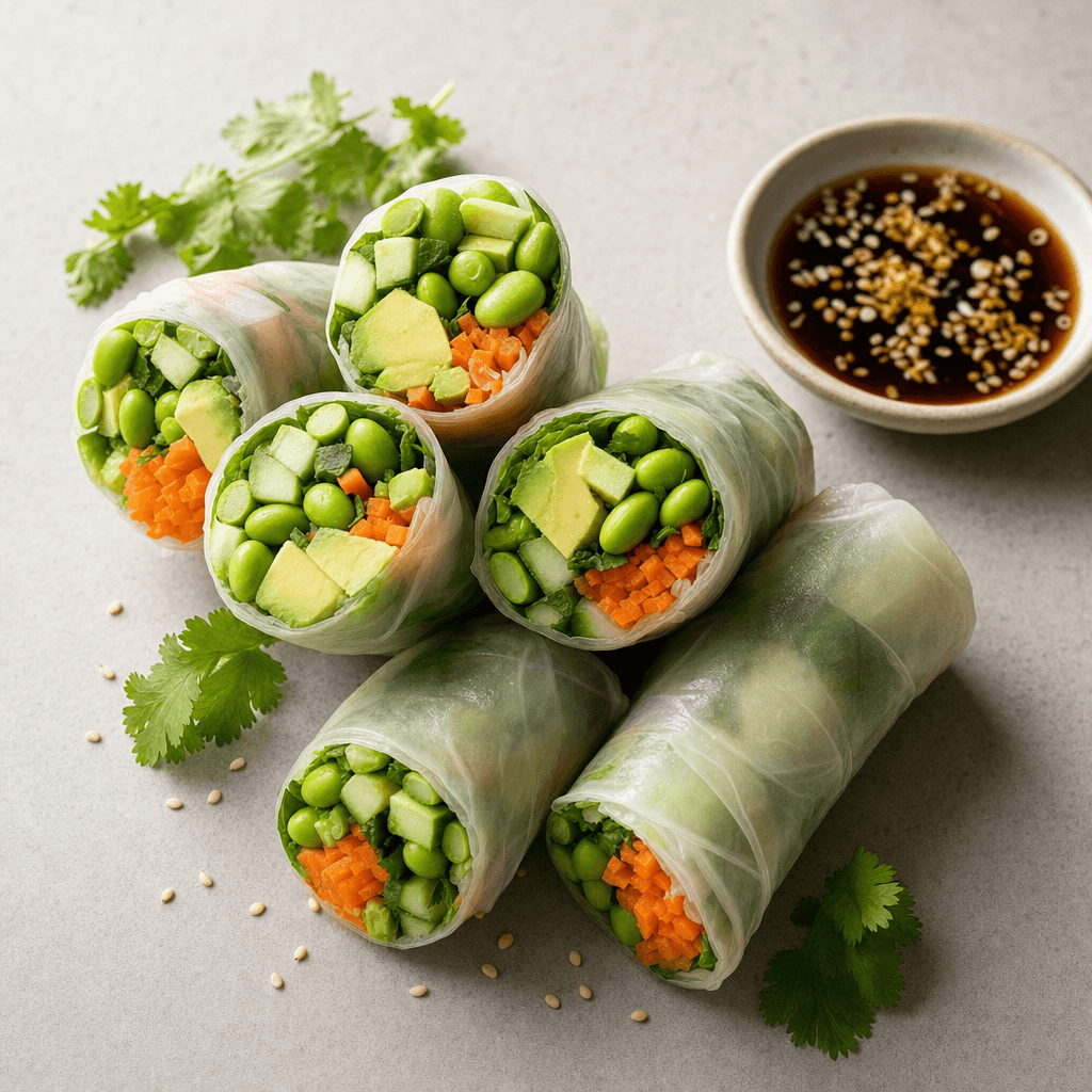 Edamame Avocado Rice Paper Rolls with Ginger Dip