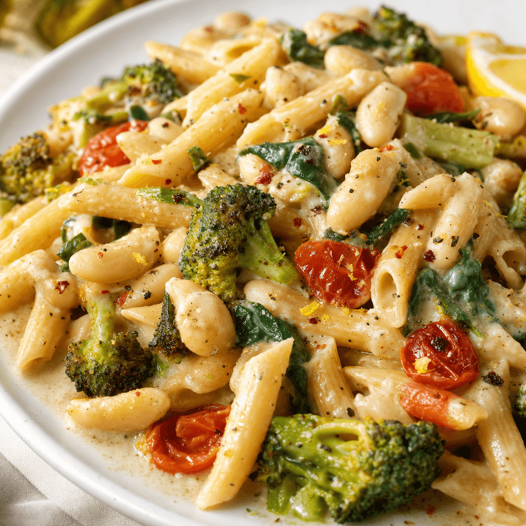 Creamy Tahini White Bean Veggie Pasta