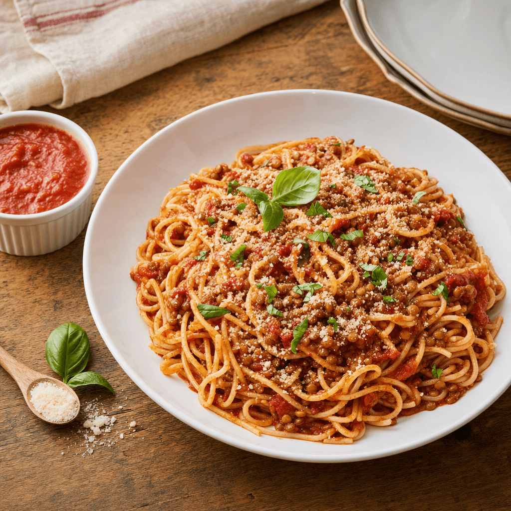 Quick Lentil Bolognese Spaghetti