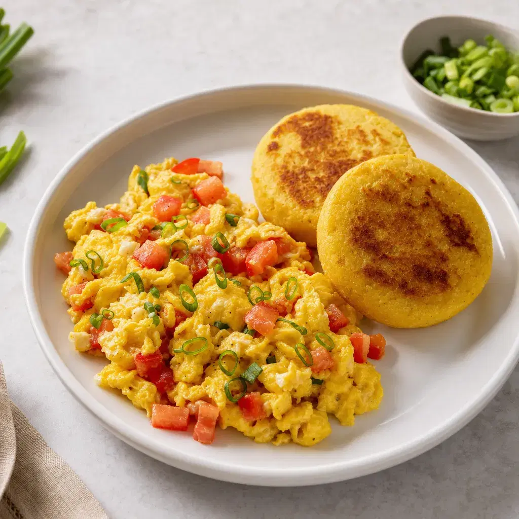 Colombian Tomato-Scallion Eggs with Arepa
