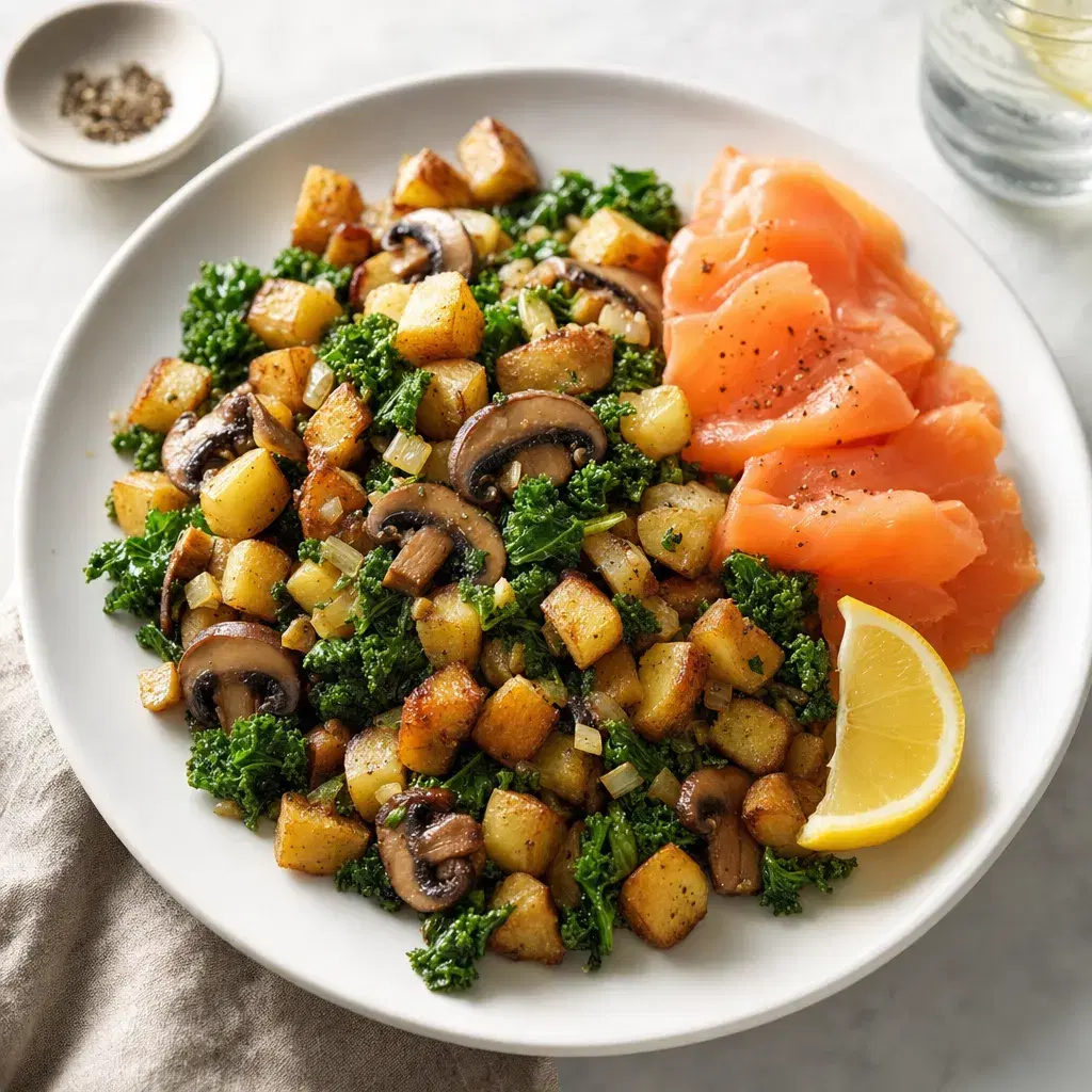 Potato-Mushroom-Kale Hash with Smoked Salmon