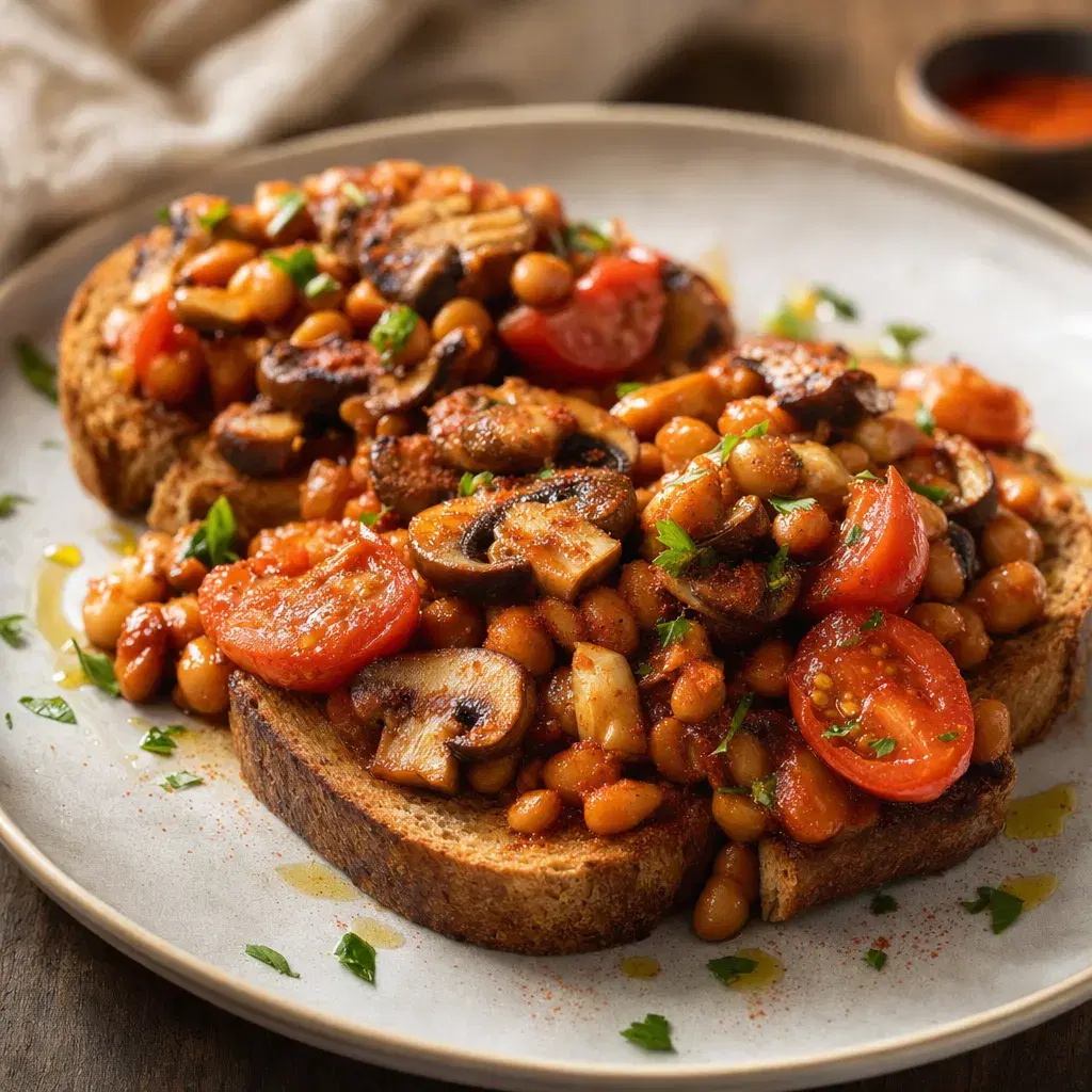 English Smoky Beans, Mushrooms and Tomato Toast