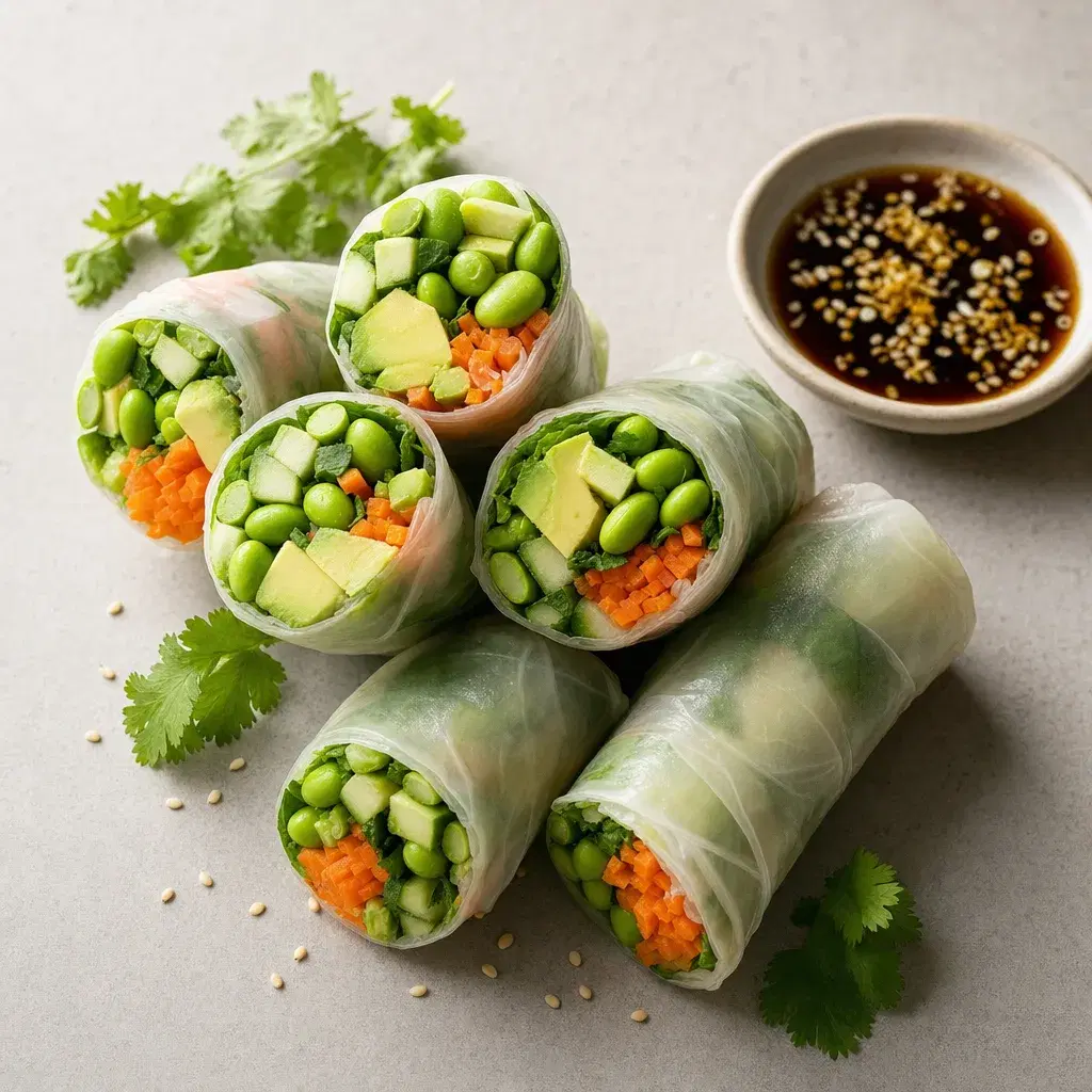 Edamame Avocado Rice Paper Rolls with Ginger Dip recipe combo